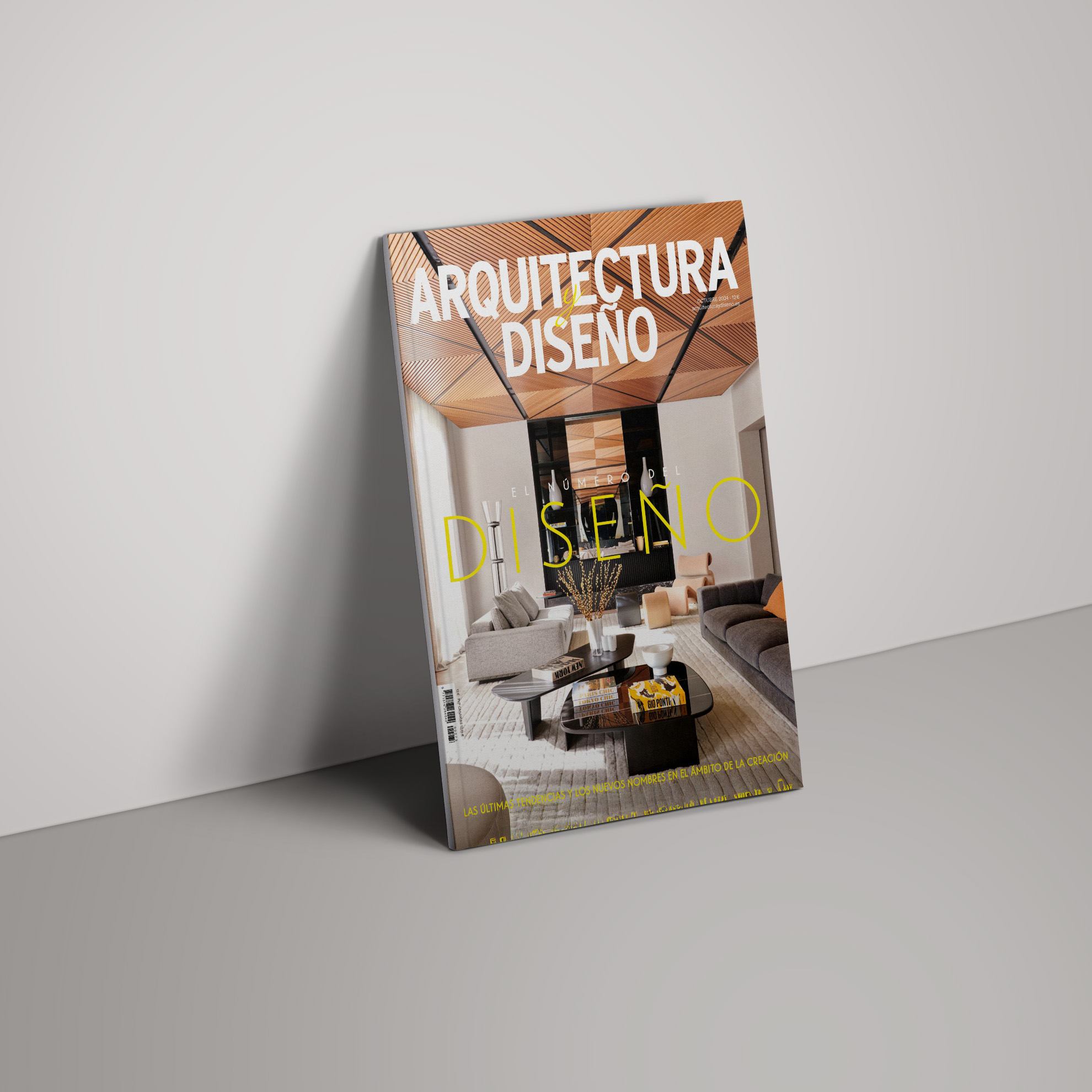 Arquitectura y Diseño magazine cover featuring a living room designed by LUV Studio, with a sculptural wooden ceiling and contemporary furniture.